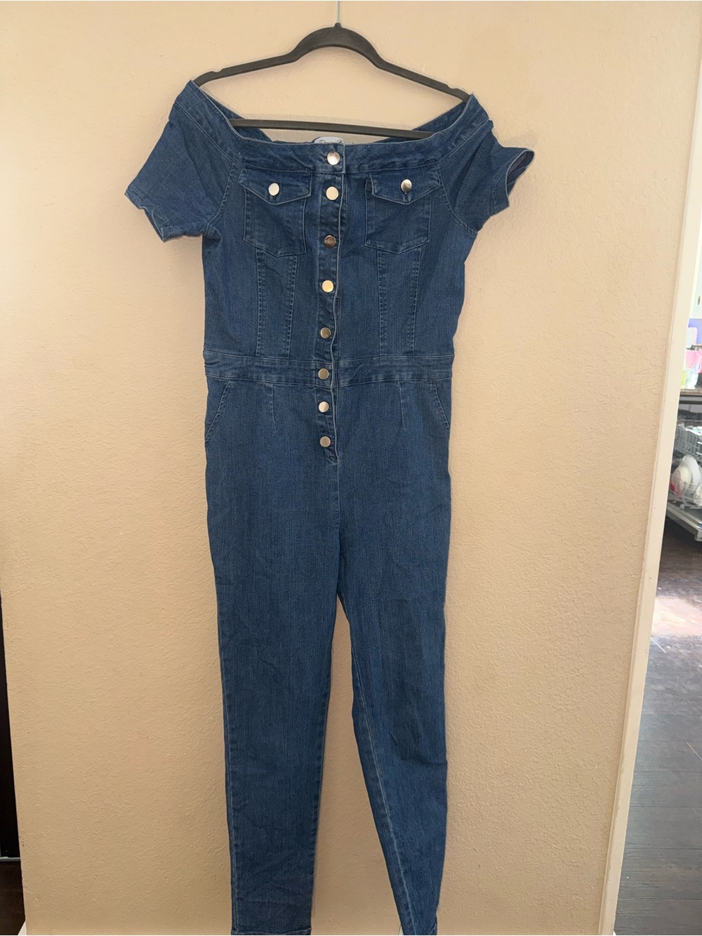 Off-Shoulder Dark Blue Denim Jumpsuit